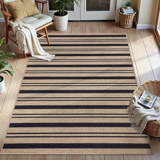 Tangsoo Stripe Easy Jute Rug, Ultra Thin 3x5 Washable Area Rug