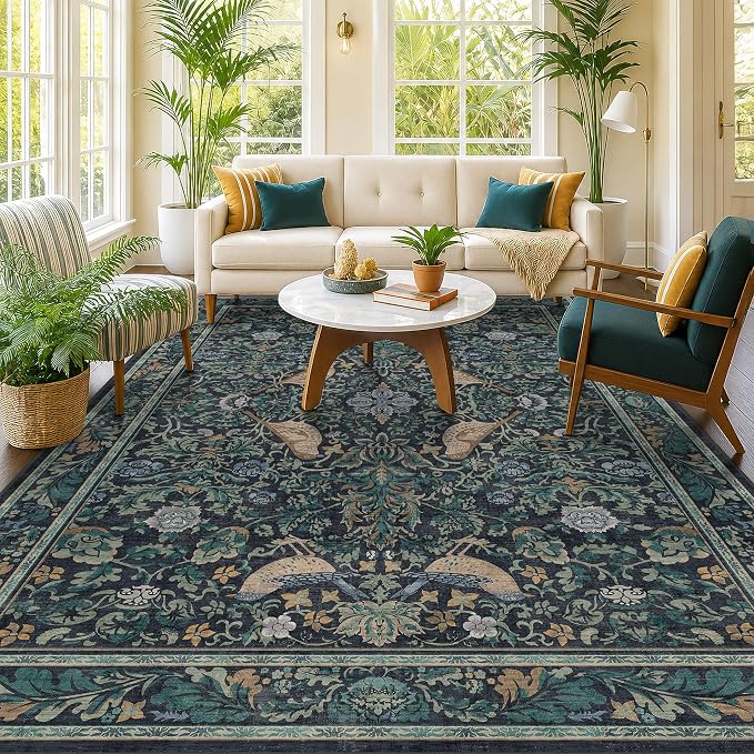 Boho Living Room Rug, 7x10 Floral & Bird Pattern Area Rug