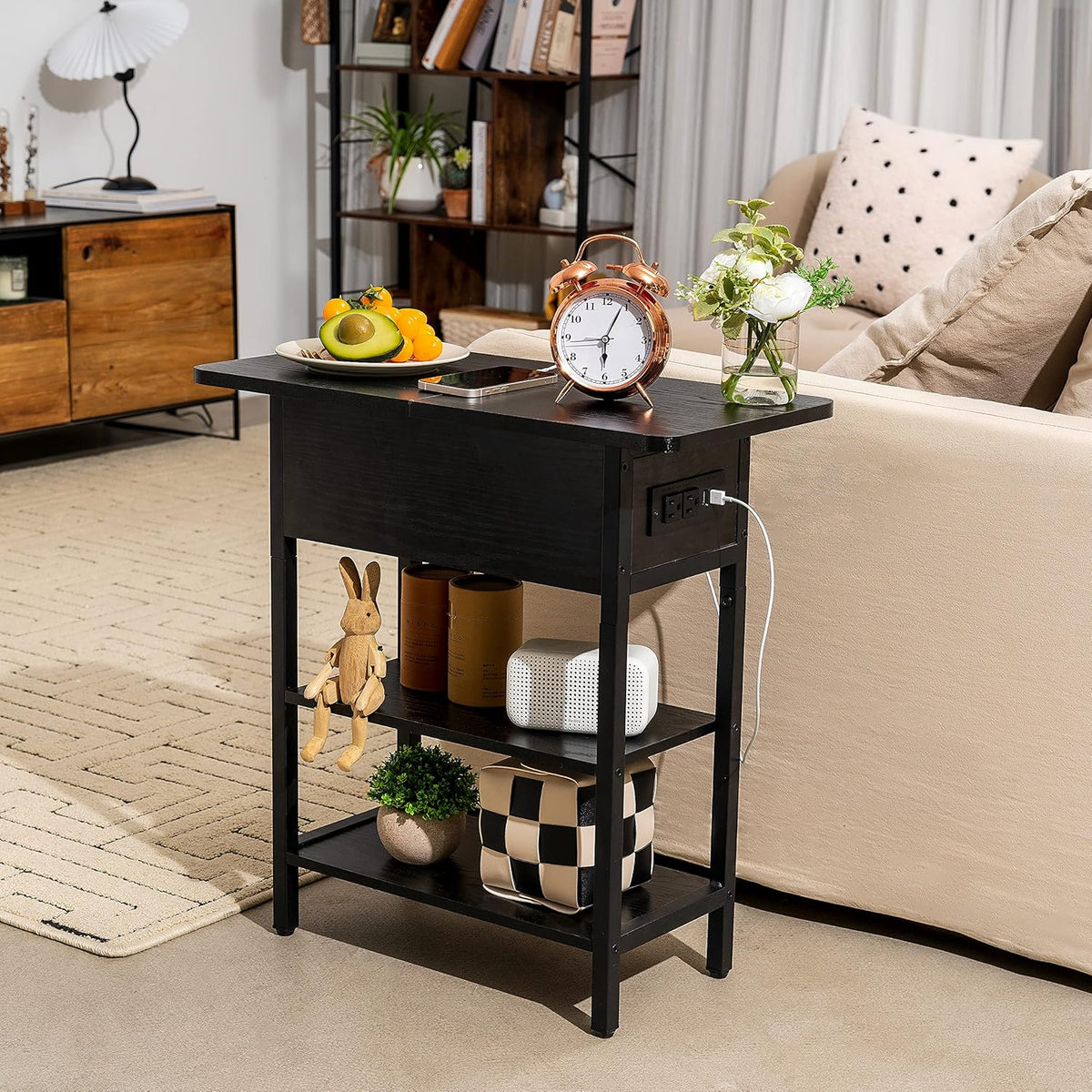 Yoobure End Table with Charging Station, Flip Top Side Table with USB Ports and Outlets, Sofa Couch Table Bedside Table for Living Room Bedroom, Narrow Nightstand with Storage Shelves for Small Space