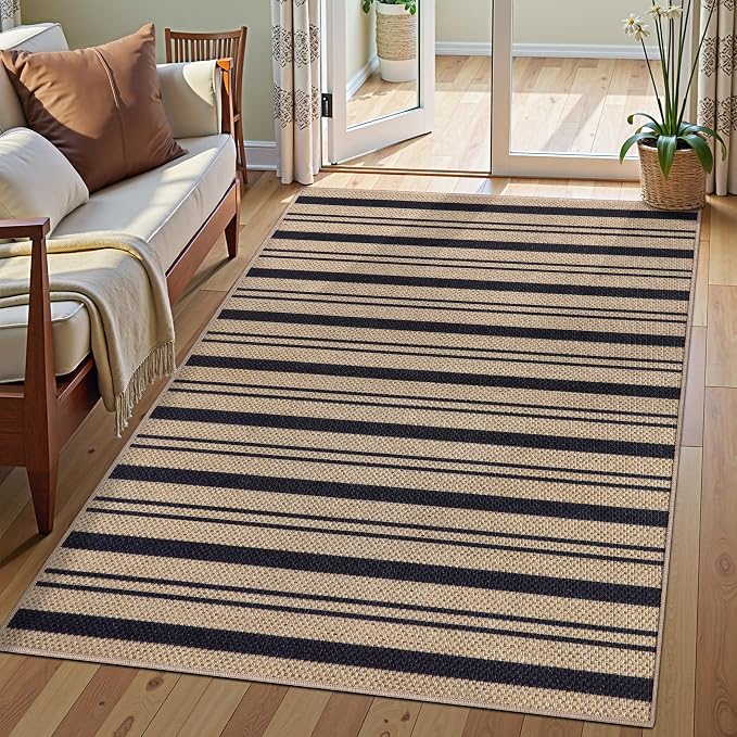 Tangsoo Stripe Easy Jute Rug, Ultra Thin 3x5 Washable Area Rug