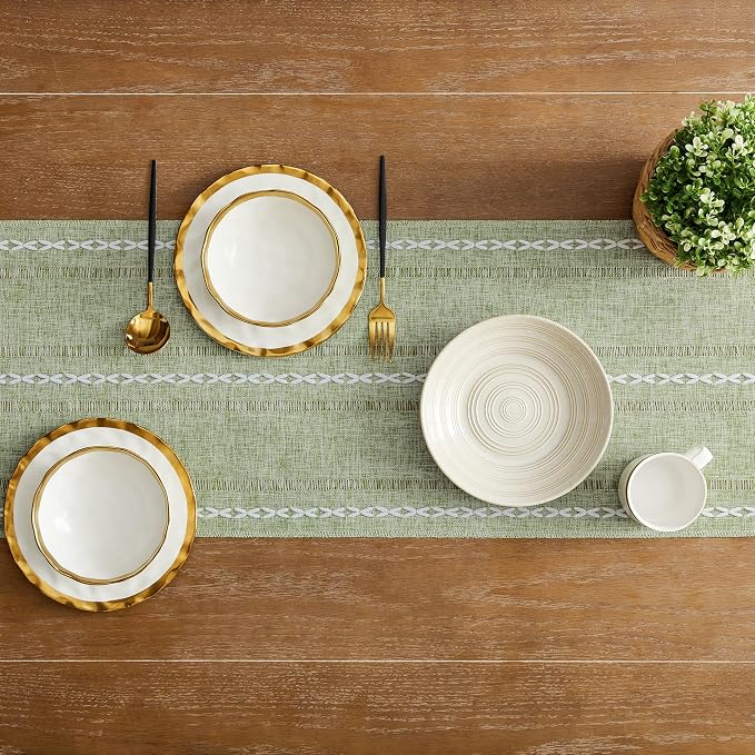 Hemstitched Farmhouse Table Runner, Sage Green 13x72 Inch, Cotton Linen Table