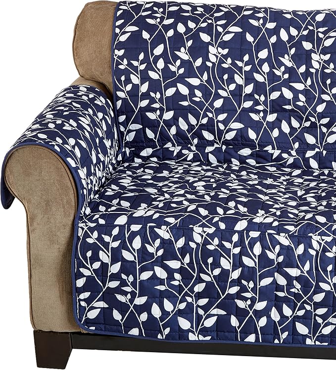 Elegant Comfort Reversible Furniture Protector for Pet Dog Children Kids -2 Ties to Stop Slipping Off Treatment Microfiber As Soft as Egyptian Cotton, Navy Blue Leaf Blue Love Seat