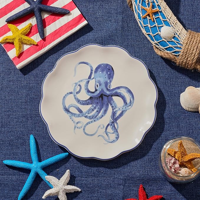 Bico Ocean Wonders Scalloped Salad Plates Set of 4, 8.75 Inch Ceramic Dessert