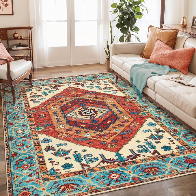 SERISSA Boho Area Rug 5x7 Orange, Washable Large Rugs