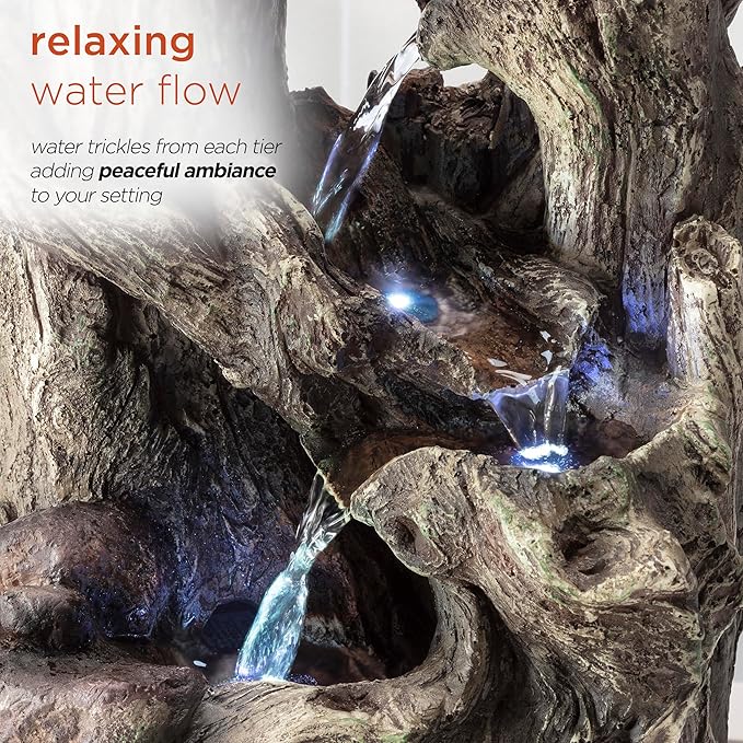 Alpine Corporation WIN786S Indoor 5 Tiered Rainforest Tree Trunk Tabletop Waterfall Fountain with LED Lights, 14" Tall, Brown