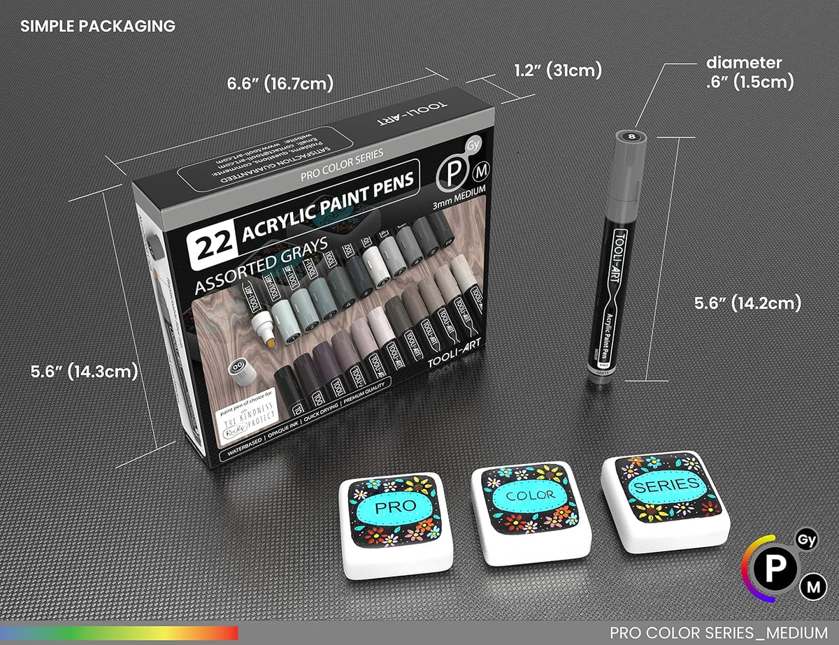 TOOLI-ART 22 Acrylic Paint Markers Paint Pens Pro Color Series Set 3mm Medium Tip for Rock Painting, Glass, Mugs, Wood, Metal, Glass Paint, Canvas, DIY. Non Toxic, Waterbased, Quick Drying (GRAYS)