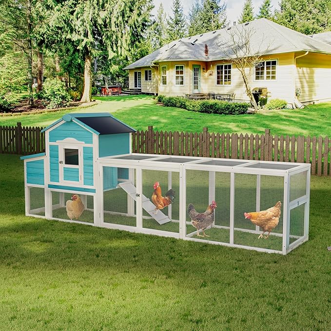 Wooden Chicken Coop with Nesting Box and Free-Range Door – Outdoor Hen House for 3–4 Chickens, All-Weather Asphalt Roof, Secure Locks & Easy-Clean Sliding Tray Blue
