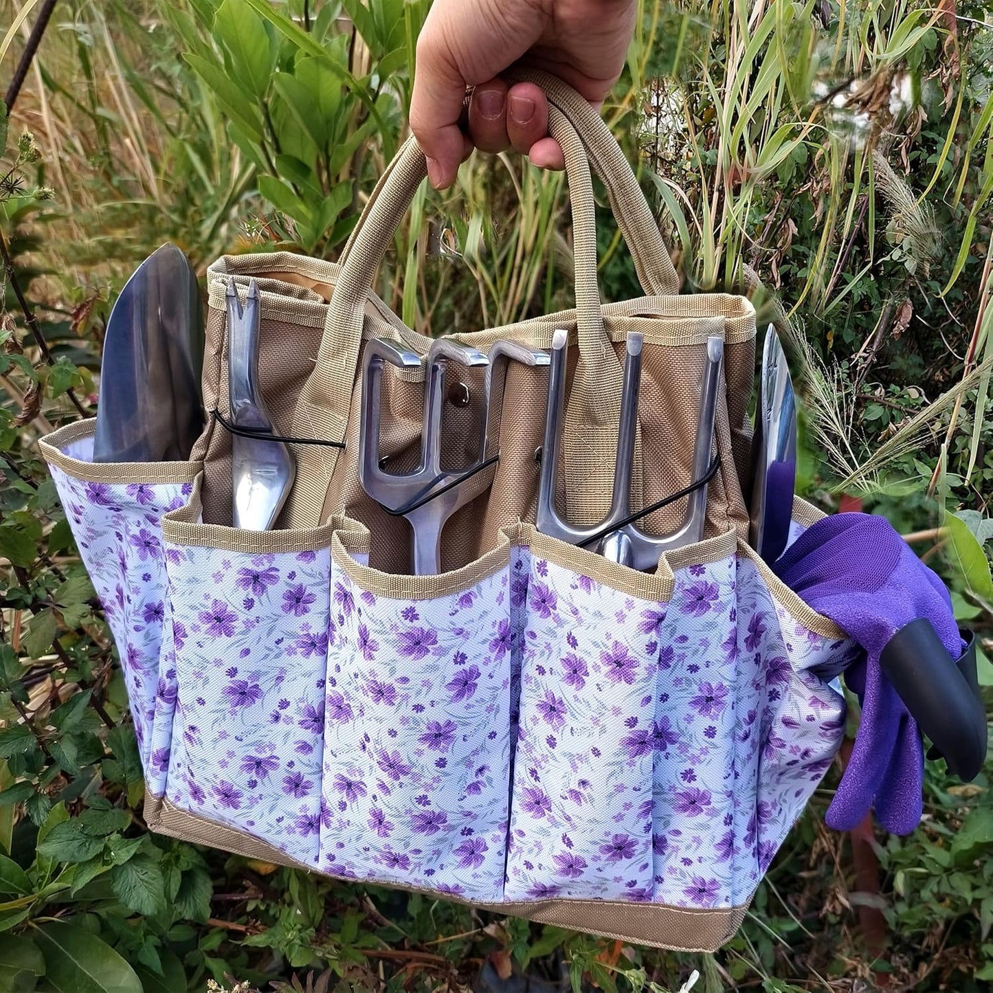 41-Piece Premium Gardening Tool Set, Stainless Steel Heavy Duty Gardening Tool Kit, with Non-Slip Rubber Grip, Storage Tote Bag, Outdoor Hand Tools, Ideal Gardening Gifts for All (Purple Floral)
