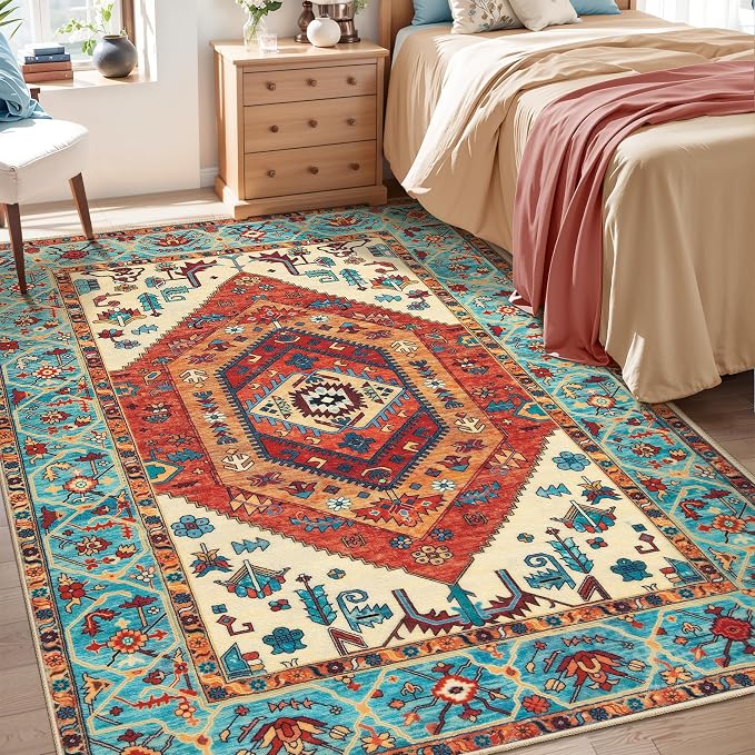 SERISSA 4x6 Boho Bedroom Rug, Washable Non Slip Vintage Orange Area Rugs