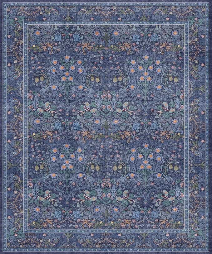 Washable Dark Blue Rug for Living Room